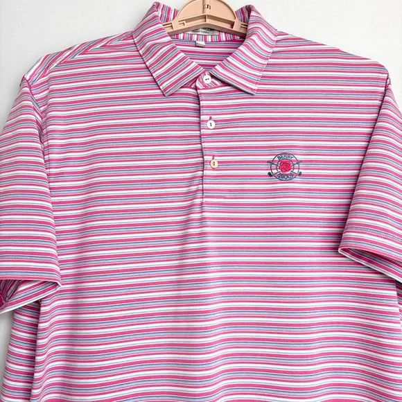 Peter Millar Summer Comfort Golf Polo Men Sz L Blue White Pink Stripe Preppy EUC - Picture 4 of 15